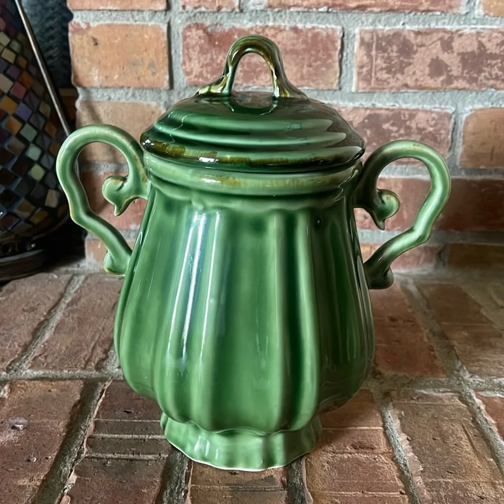 Vtg Baum Brothers Style Eyes Green Double Handle Canister 9
